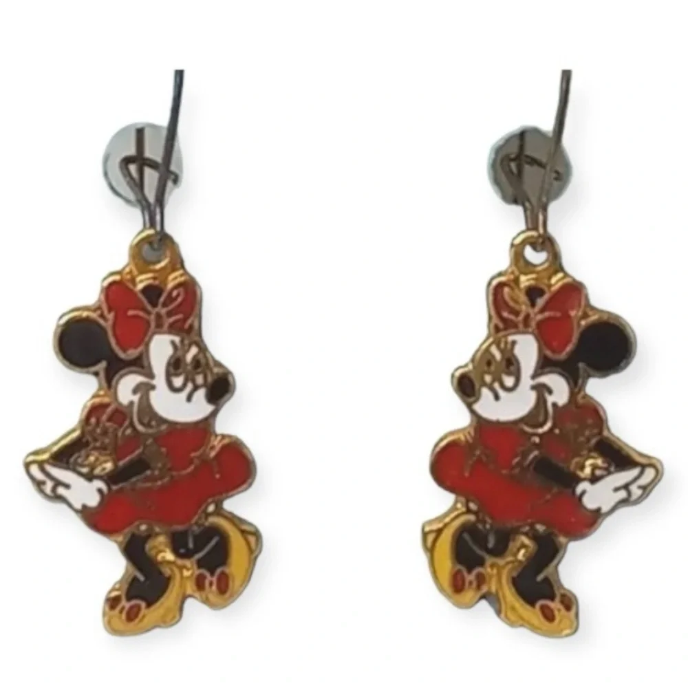Vintage Disney Minnie Mouse Enamel Dangle French Wire Hook Earrings 2” 1995